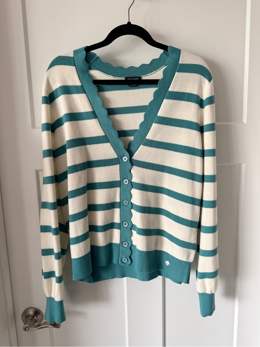 Kate Spade Striped Scallop-Edge V-Neck Cardigan - Teal & Cream
